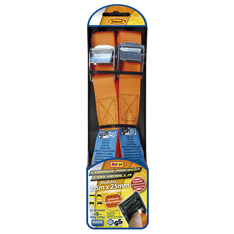 SET CORREAS + HEBILLA RETENCION LONG. 2,5m. NORMATIVA EN 12195-2:2000