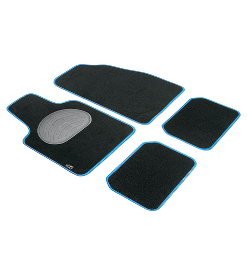 [POO610203] JGO. 4 ALFOMBRAS MOQUETA "SELECT" NEGRA TALONERA GOMA COLOR AZUL
