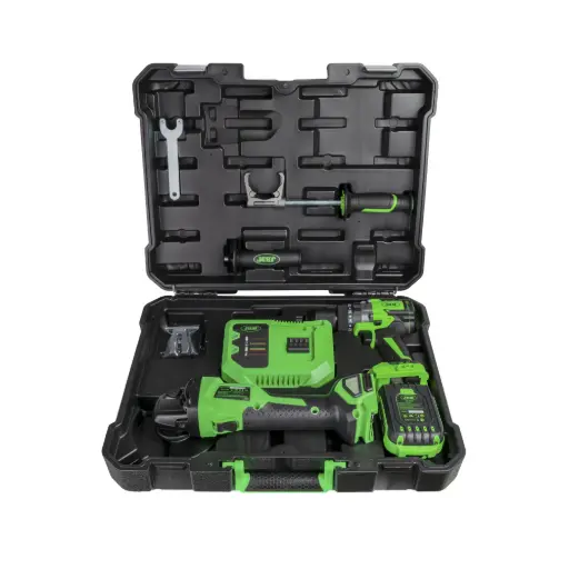 [JBM60053C] KIT DE AMOLADORA ÁNGULAR Y TALADRO PERCUTOR A BATERÍA CON MALETÍN